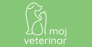 Logo MOJ VETERINAR sa stilizovanim obrisima psa i mačke u beloj boji na zelenoj pozadini, sa natpisom ‘moj veterinar’.