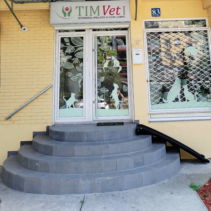 Ulaz u veterinarsku ambulantu sa rampom i dekorativnim staklenim izlozima sa motivima životinja.